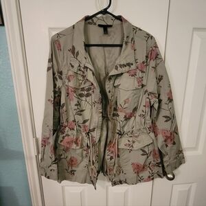 Lane Bryant Sage Green Floral Utility Jacket with Pink Roses